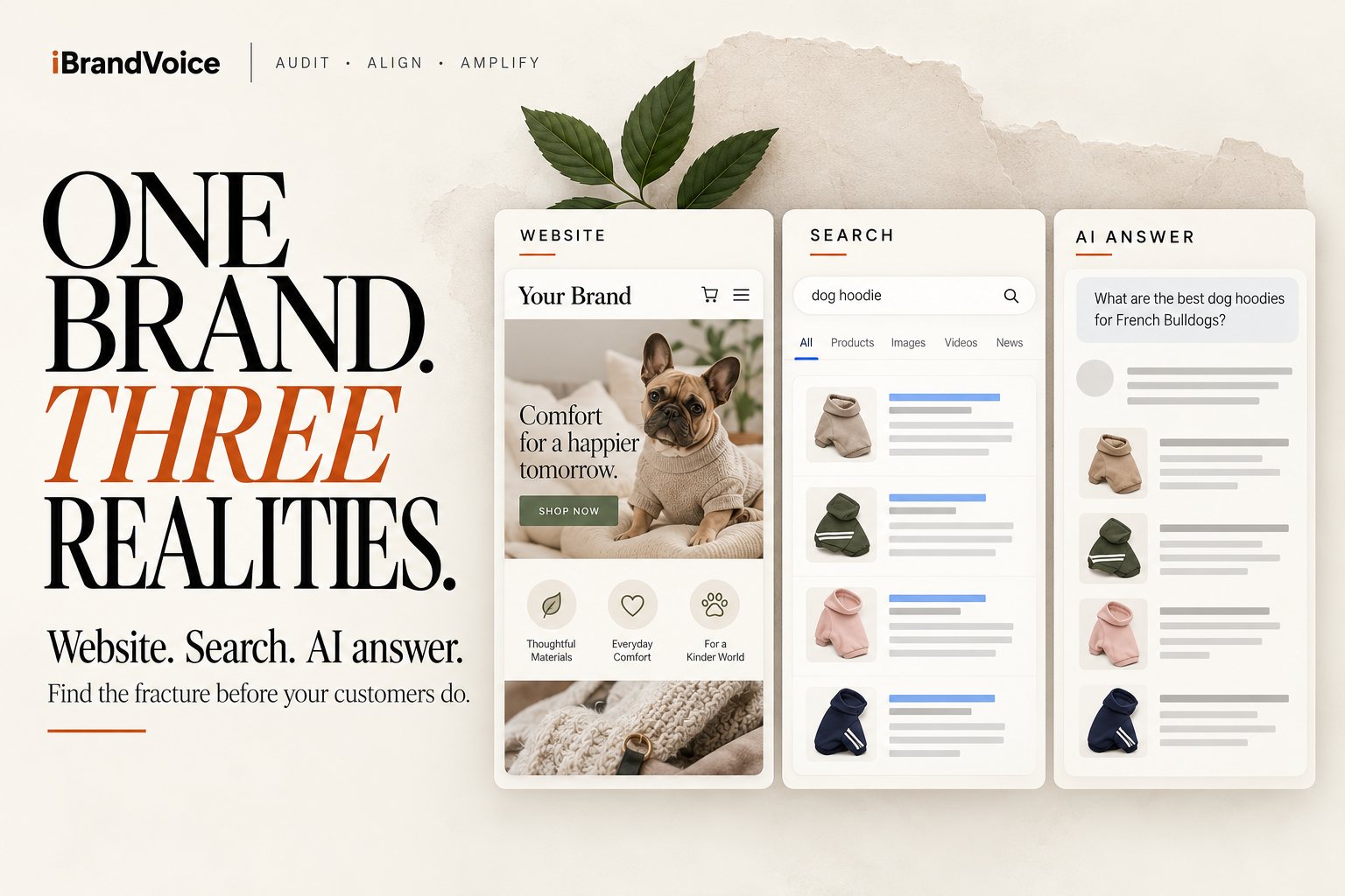 One brand, three realities: the brand's website, search results and an AI answer each show shoppers a different picture